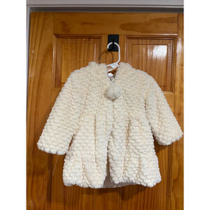 Widgeon Baby Girls Ivory Faux Fur Coat Zip Front Pom Pom Winter Jacket 24M